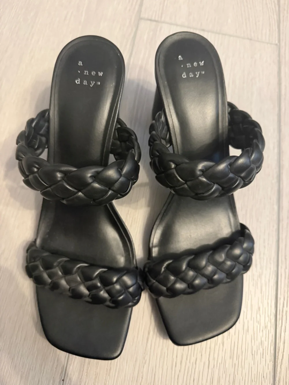 A New Day Black Braided Strap Block Heel Sandals - Size 10